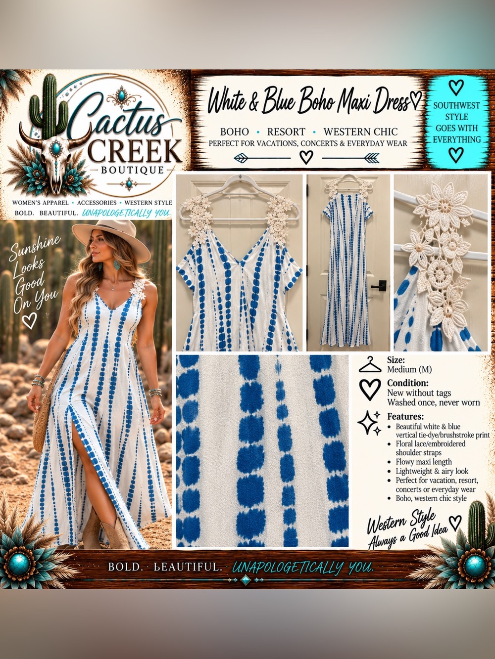 White and Blue Tie-Dye Maxi Dress with Floral Shoulder Detail - Size M - NWT